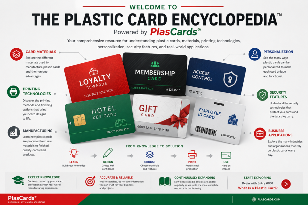 Welcome to The Plastic Card Encyclopedia™ illustration showing common plastic card applications including loyalty cards, membership cards, hotel key cards, gift cards, employee ID cards, and access control cards, surrounded by the encyclopedia's primary knowledge categories.